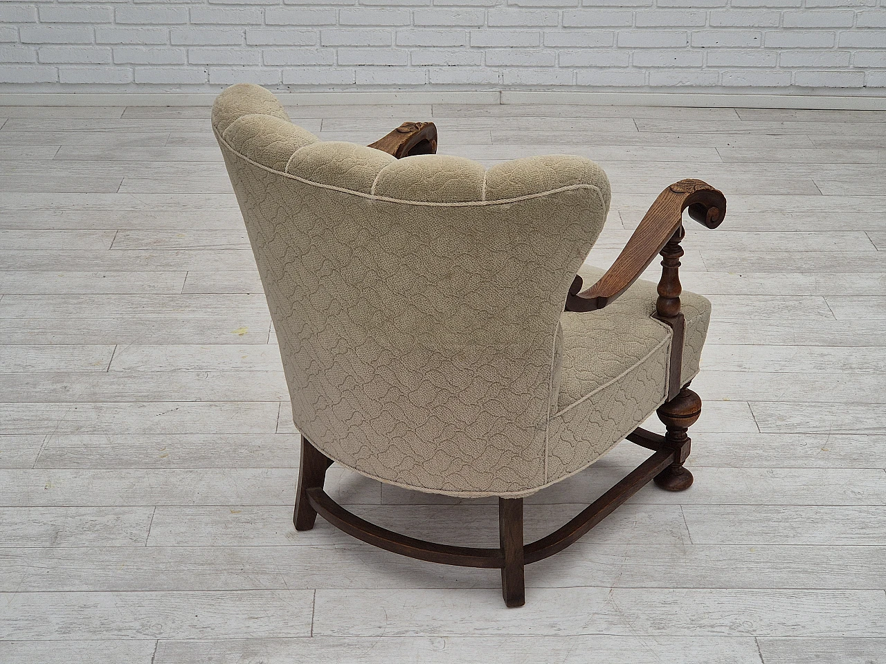 Danish fabric and carved oak armchair, 1950s 6