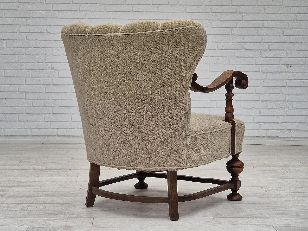 Danish fabric and carved oak armchair, 1950s 7