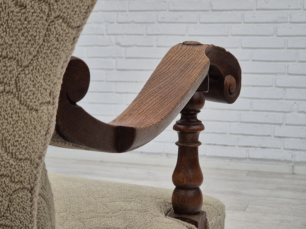 Danish fabric and carved oak armchair, 1950s 12