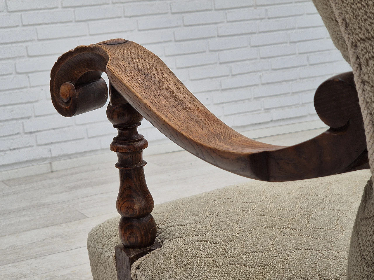 Danish fabric and carved oak armchair, 1950s 13