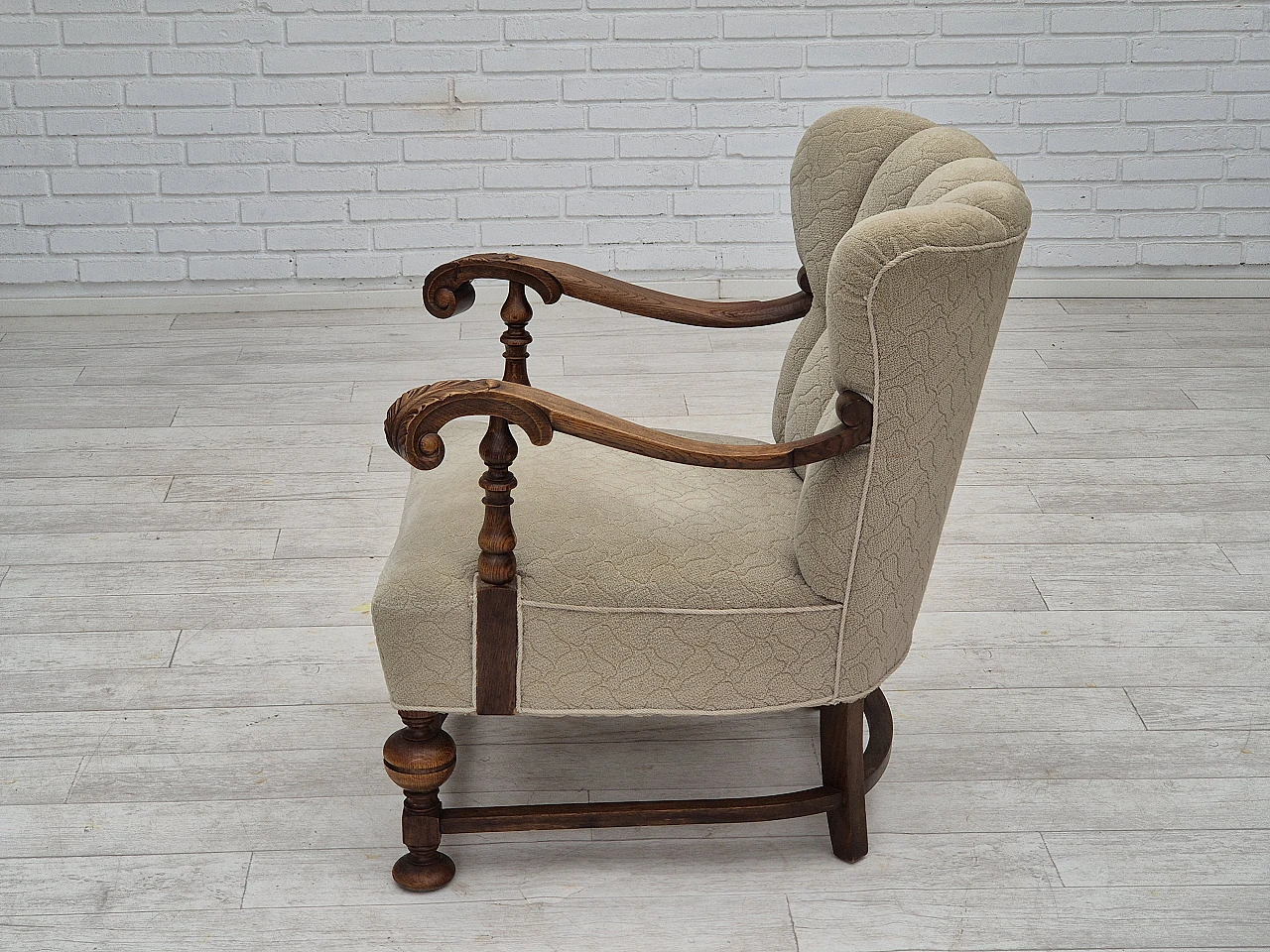 Danish fabric and carved oak armchair, 1950s 14