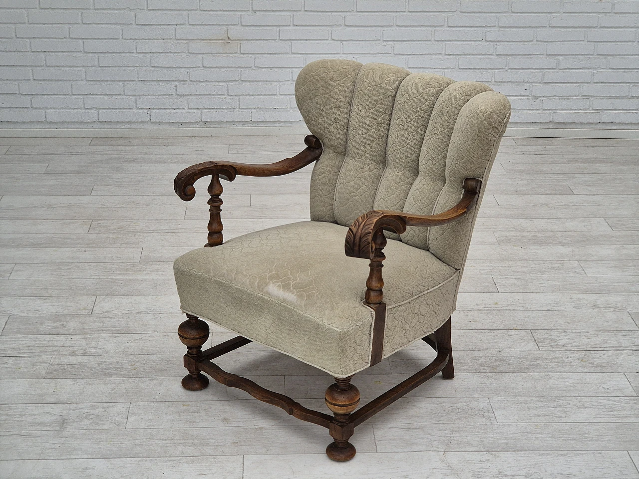 Danish fabric and carved oak armchair, 1950s 15