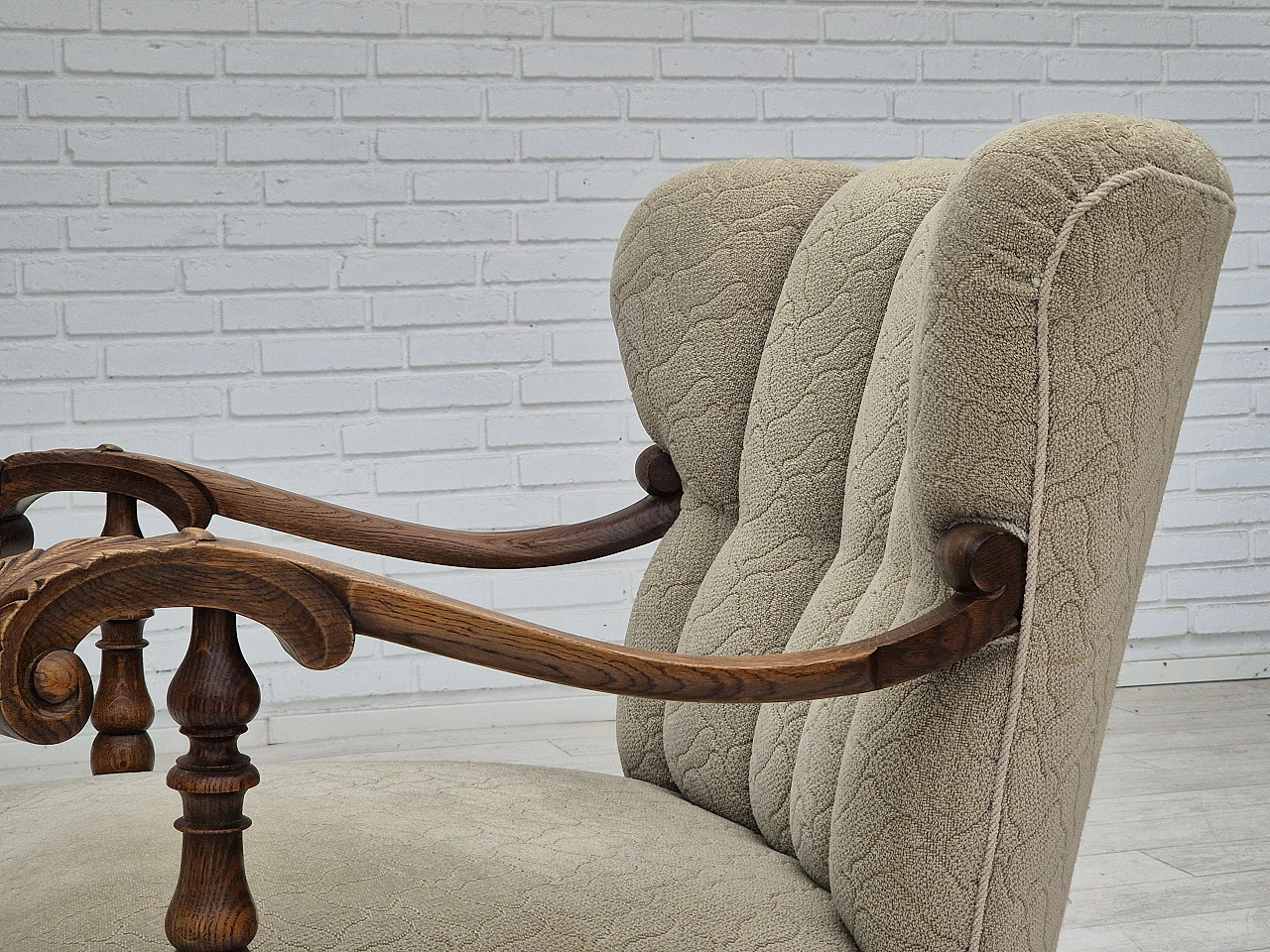 Danish fabric and carved oak armchair, 1950s 21