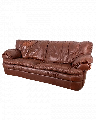 2-Seater sofa in wood and brown leather, 1970s