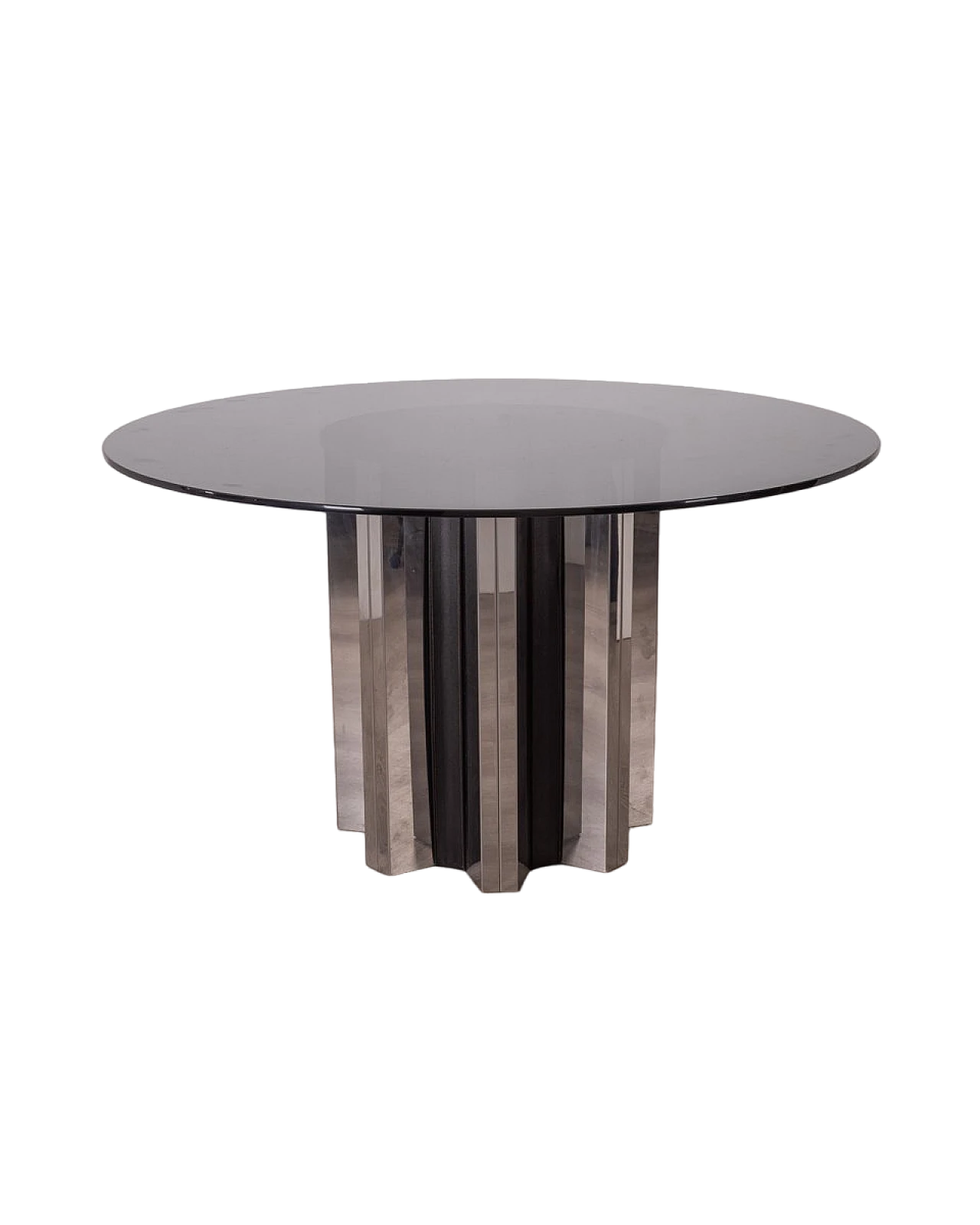 Metal and black leather table with round crystal top, 1970s 8