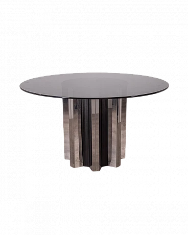 Metal and black leather table with round crystal top, 1970s