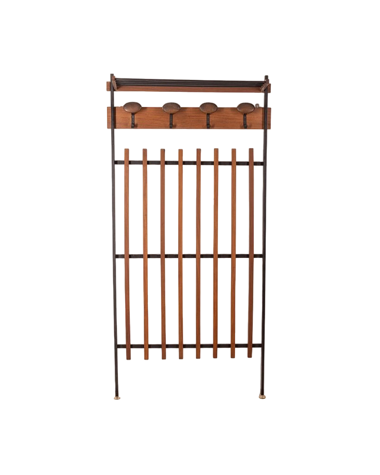 Wall clothes rack in wood, black metal and brass, 1960s 9