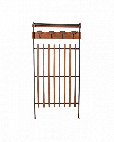 Wall clothes rack in wood, black metal and brass, 1960s