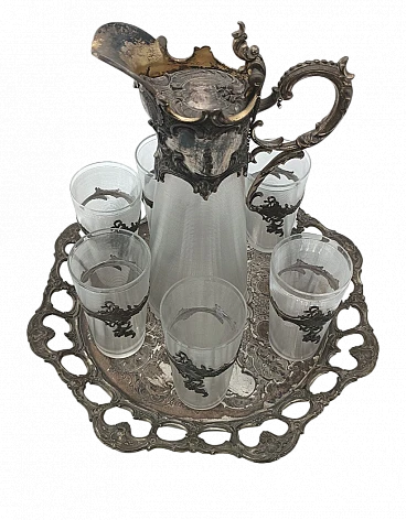 Art Nouveau glass and metal tray, jug and tumblers, late 19th century