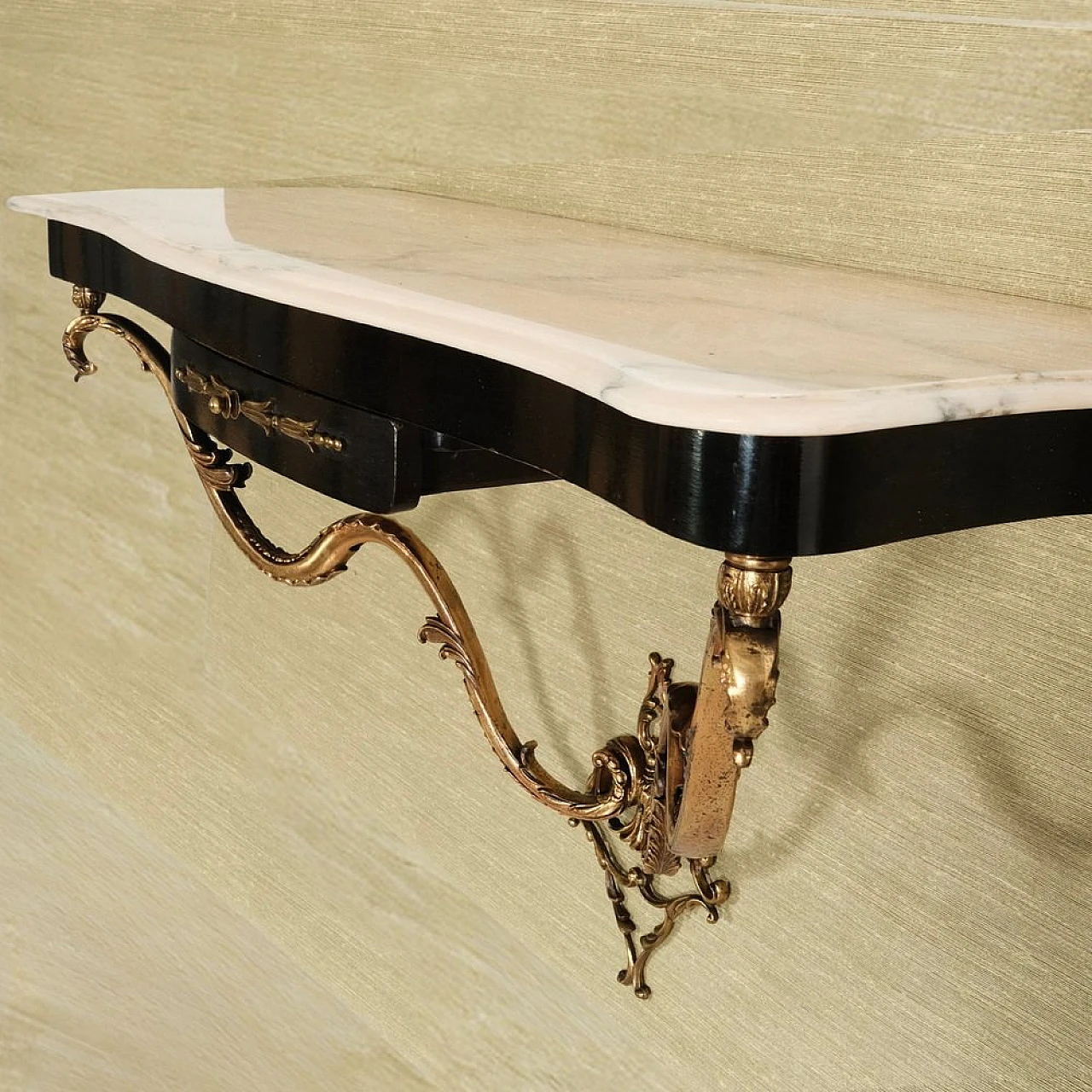 Marble, wood and metal hanging console with drawer, 1950s 3