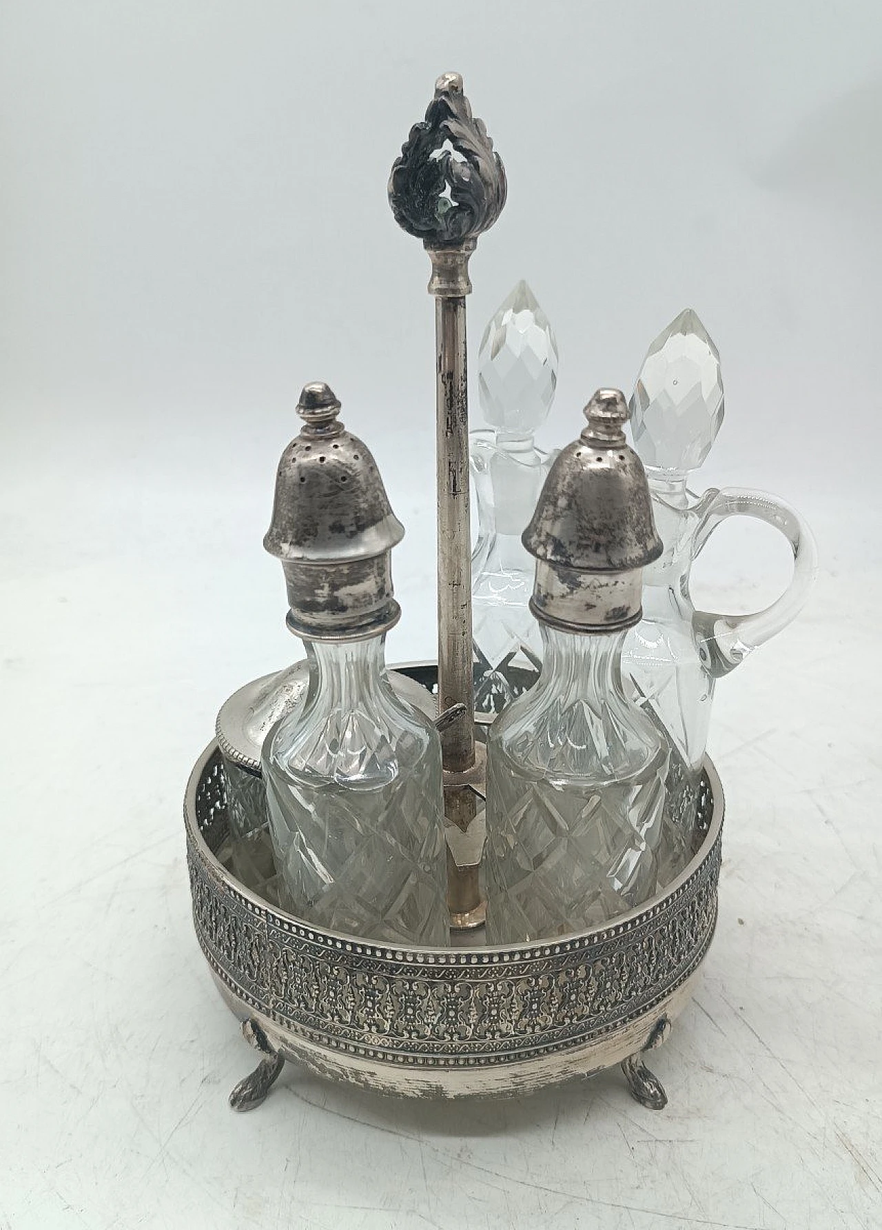 Crystal and 800 silver bottles and sugar bowl, early 20th century 1