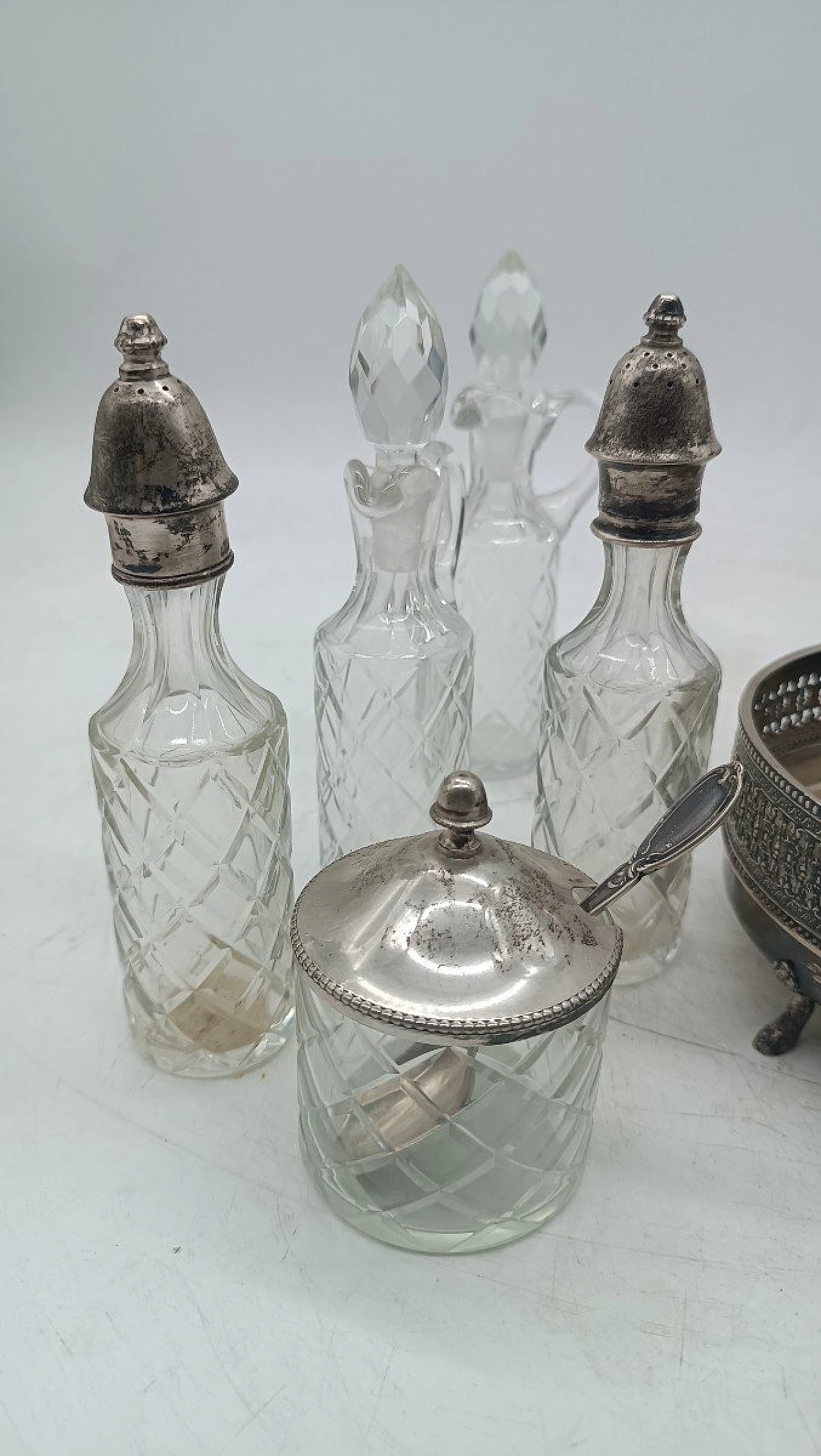 Crystal and 800 silver bottles and sugar bowl, early 20th century 7