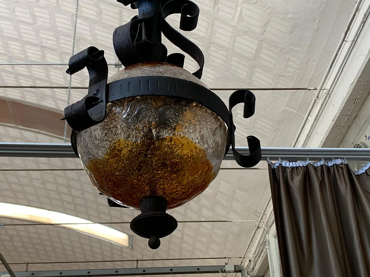 Pair of Brutalist lanterns in coloured glass and wrought iron, 1960s 4