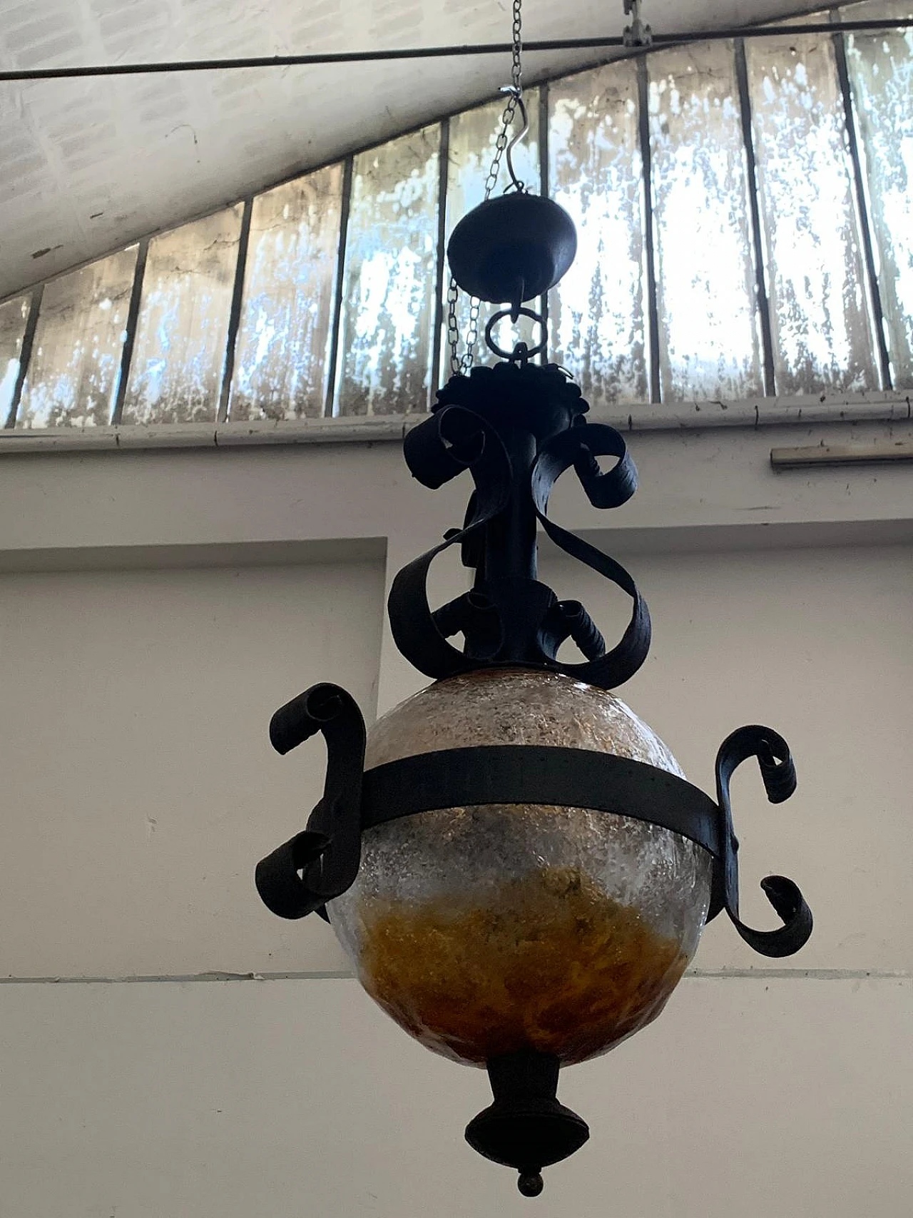 Pair of Brutalist lanterns in coloured glass and wrought iron, 1960s 8