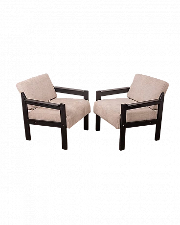 Pair of armchairs in black wood and grey fabric, 1980s