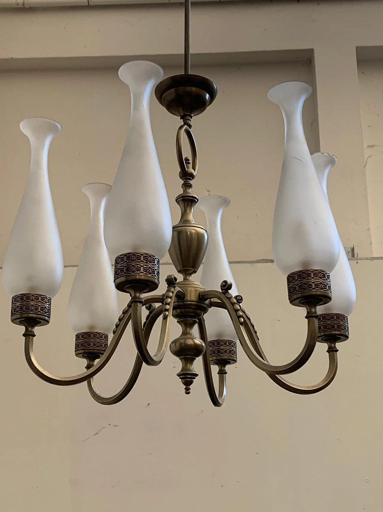 Art Deco Moorish style metal and opaline glass chandelier, 1950s 4