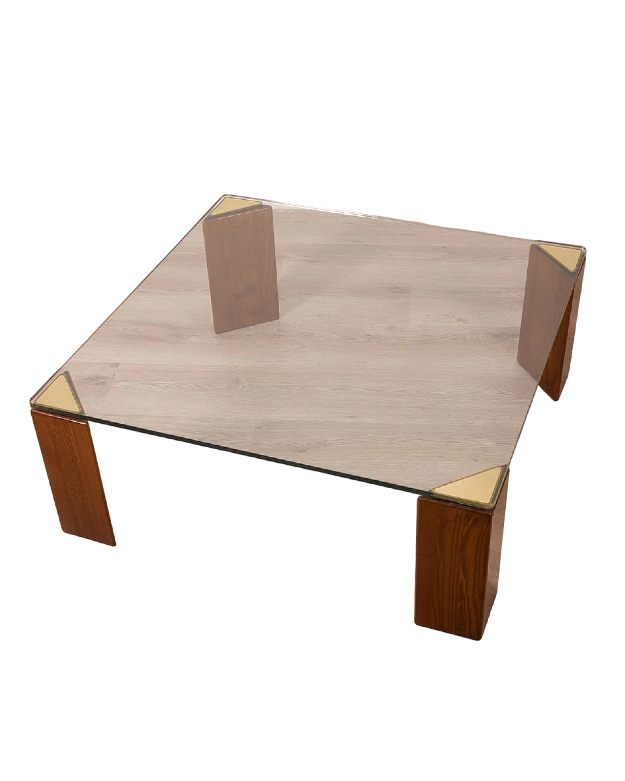 Square coffee table in wood & glass with brass inserts, 1980s 9