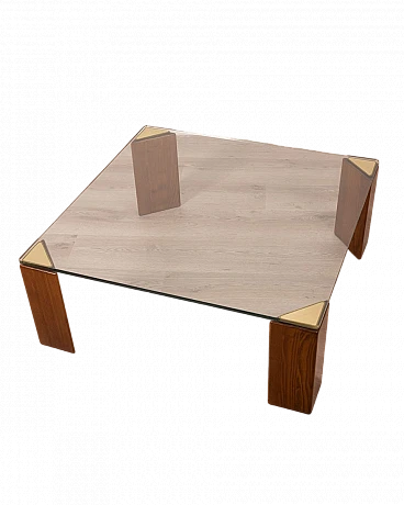Square coffee table in wood & glass with brass inserts, 1980s