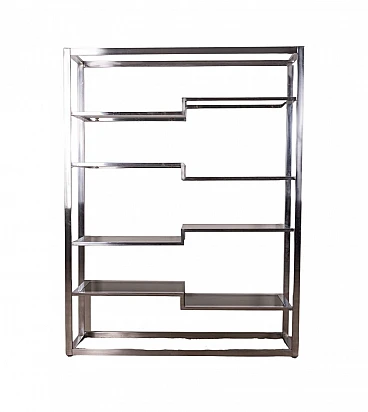 Chrome-plated metal bookcase with blue glass shelves, 1970s