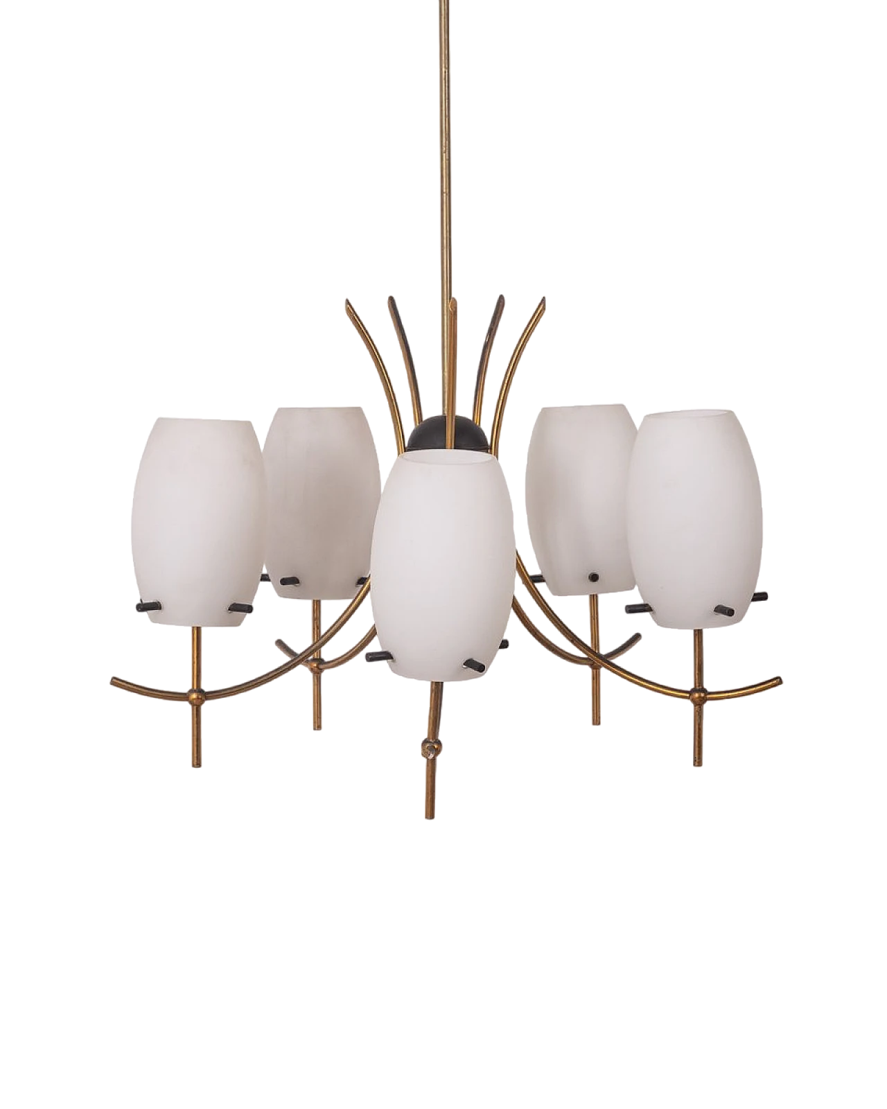 5-Light chandelier in gilded brass, metal and white glass, 1960s 7