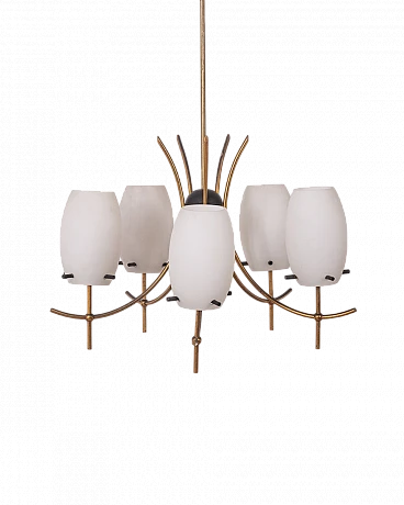 5-Light chandelier in gilded brass, metal and white glass, 1960s
