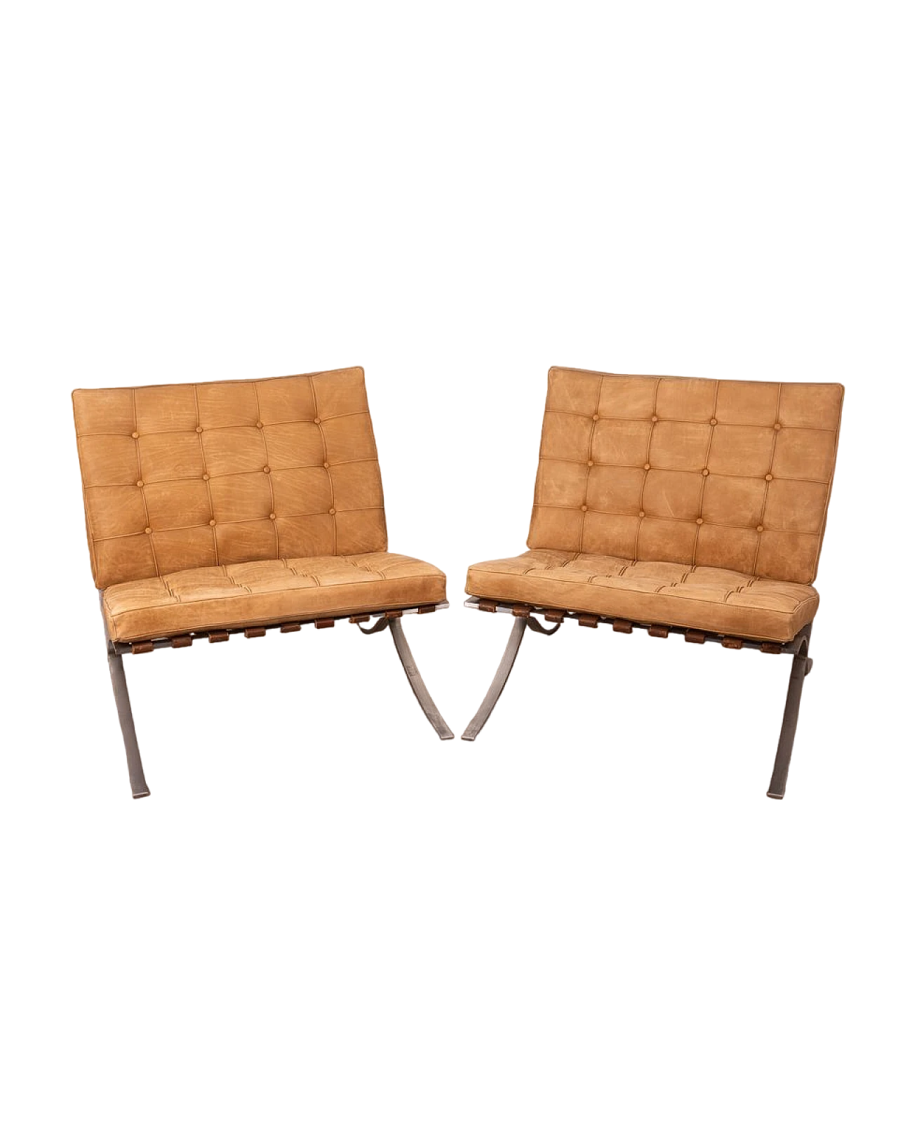 Pair of leather & steel armchairs attributed to Van Der Rohe, 1970s 15