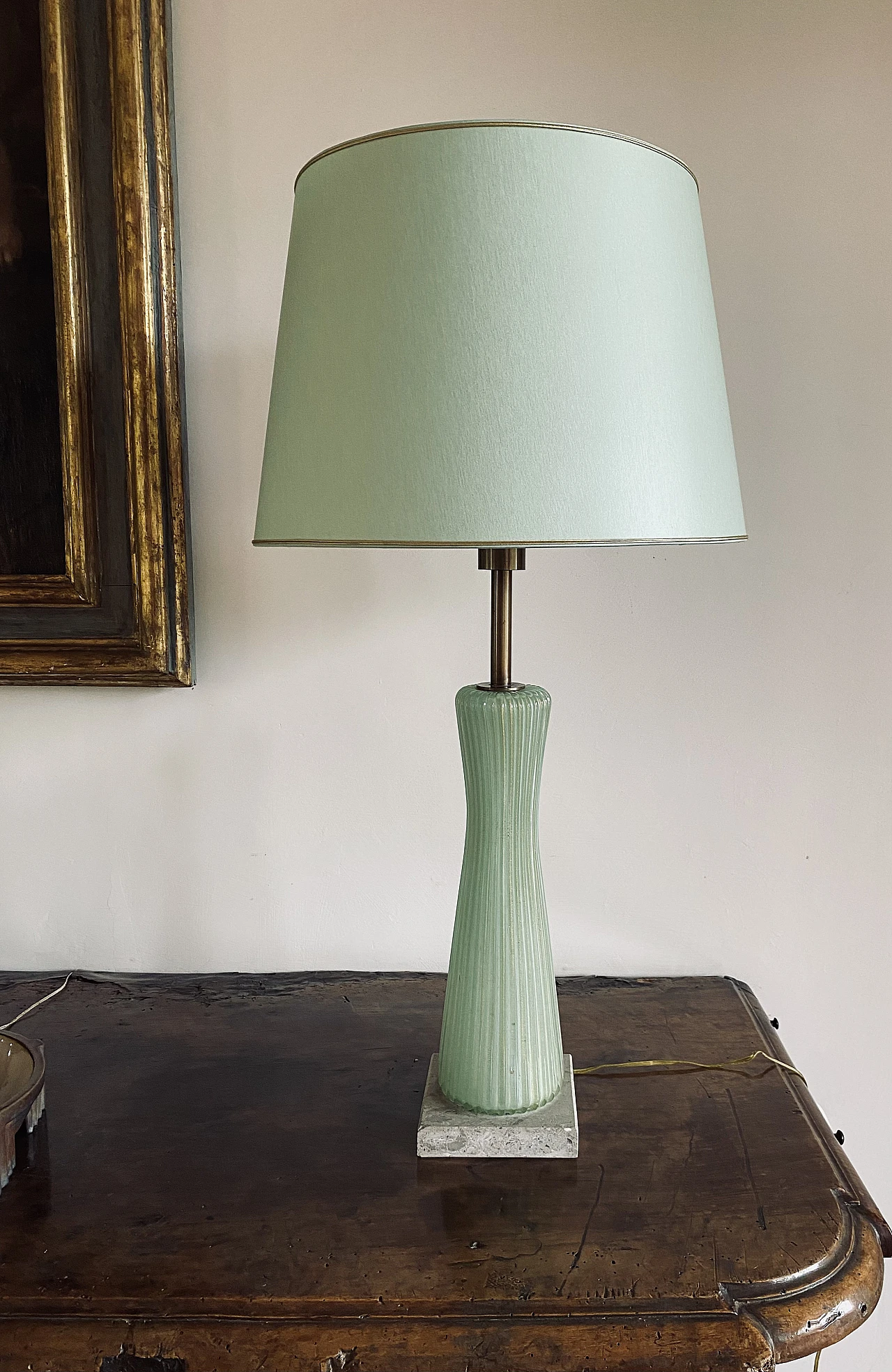 Lampada in vetro verde, marmo e ottone di Barovier & Toso, anni '40 25