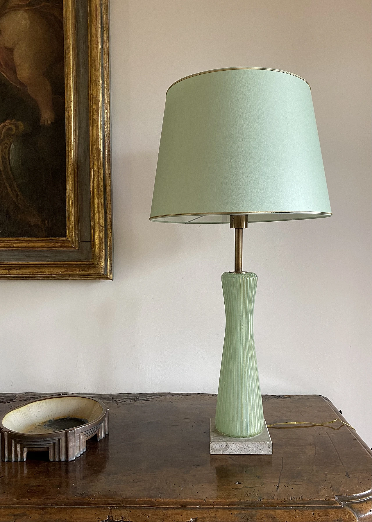 Lampada in vetro verde, marmo e ottone di Barovier & Toso, anni '40 28