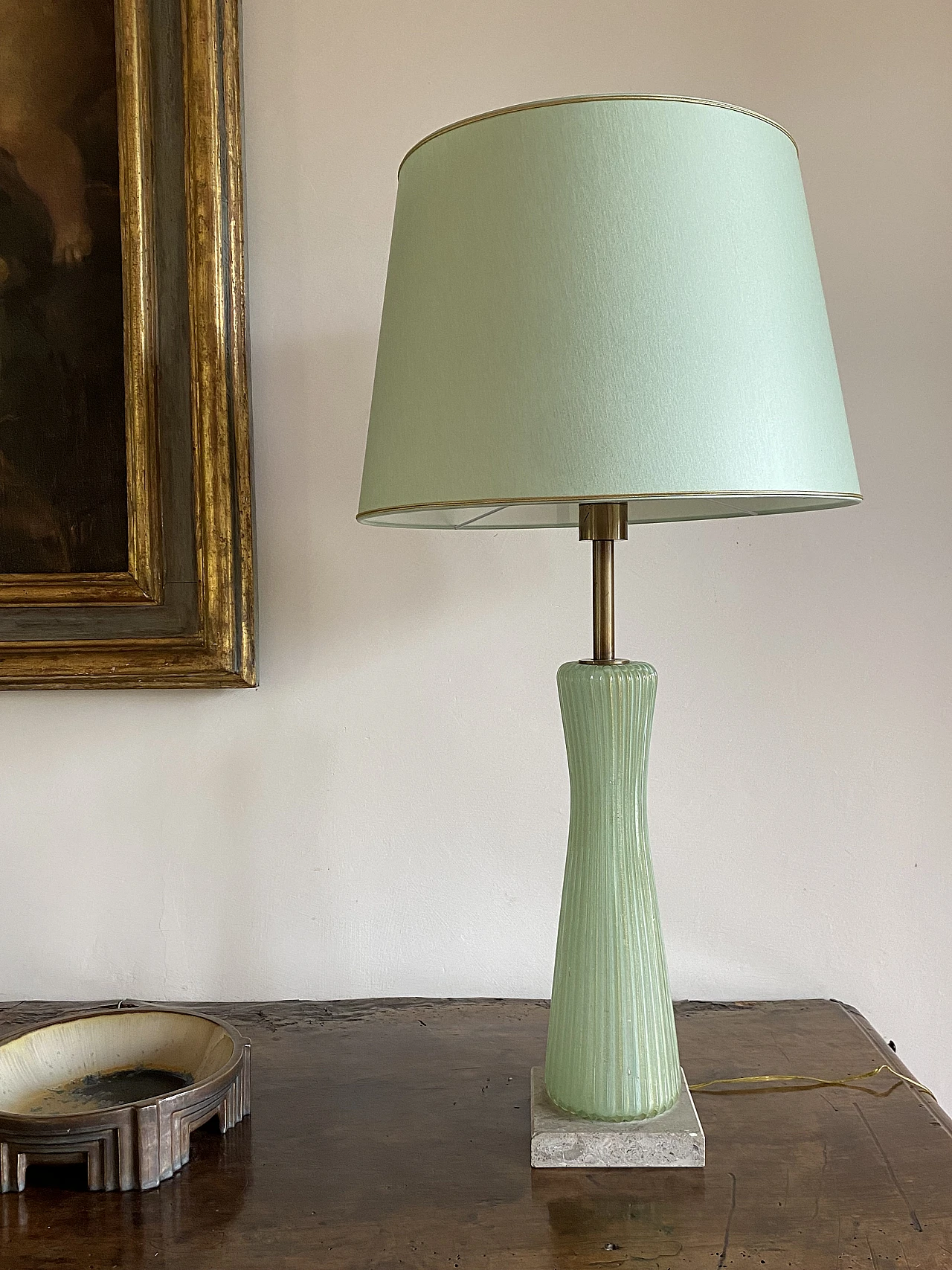 Lampada in vetro verde, marmo e ottone di Barovier & Toso, anni '40 29