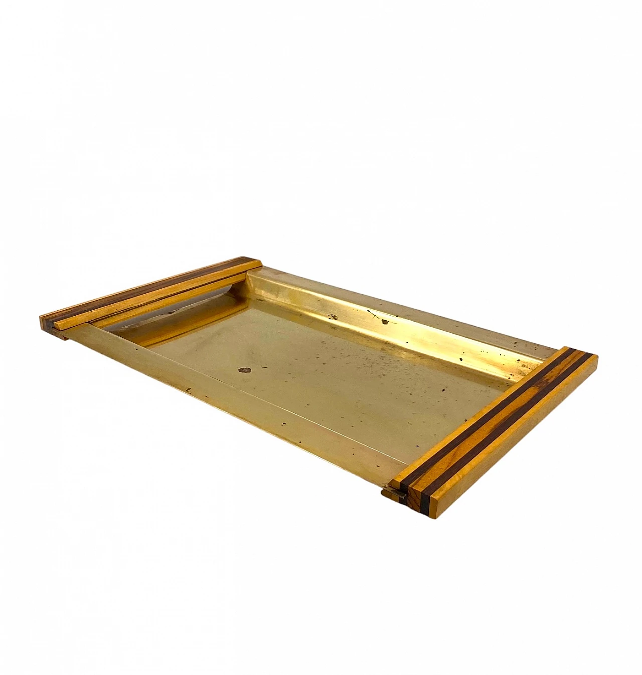 Brass and inlaid wood tray, 1970s 1