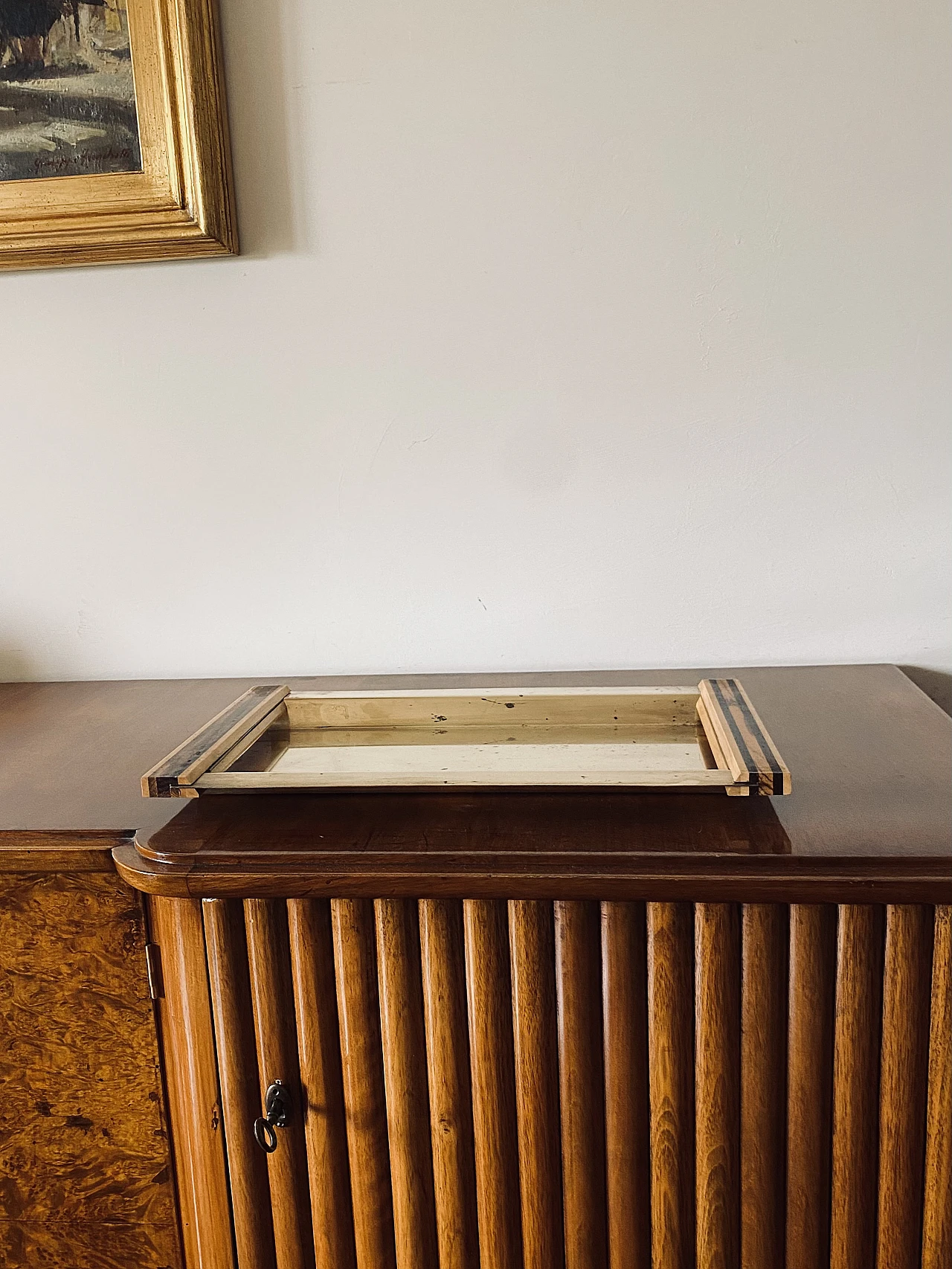 Brass and inlaid wood tray, 1970s 2