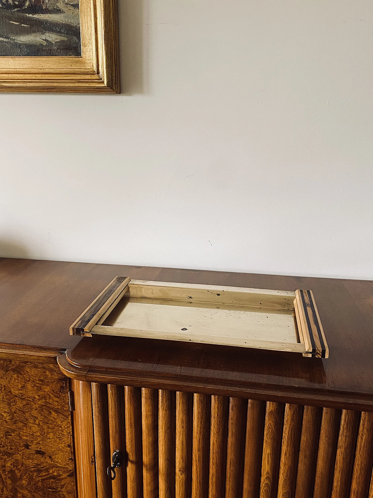 Brass and inlaid wood tray, 1970s 3