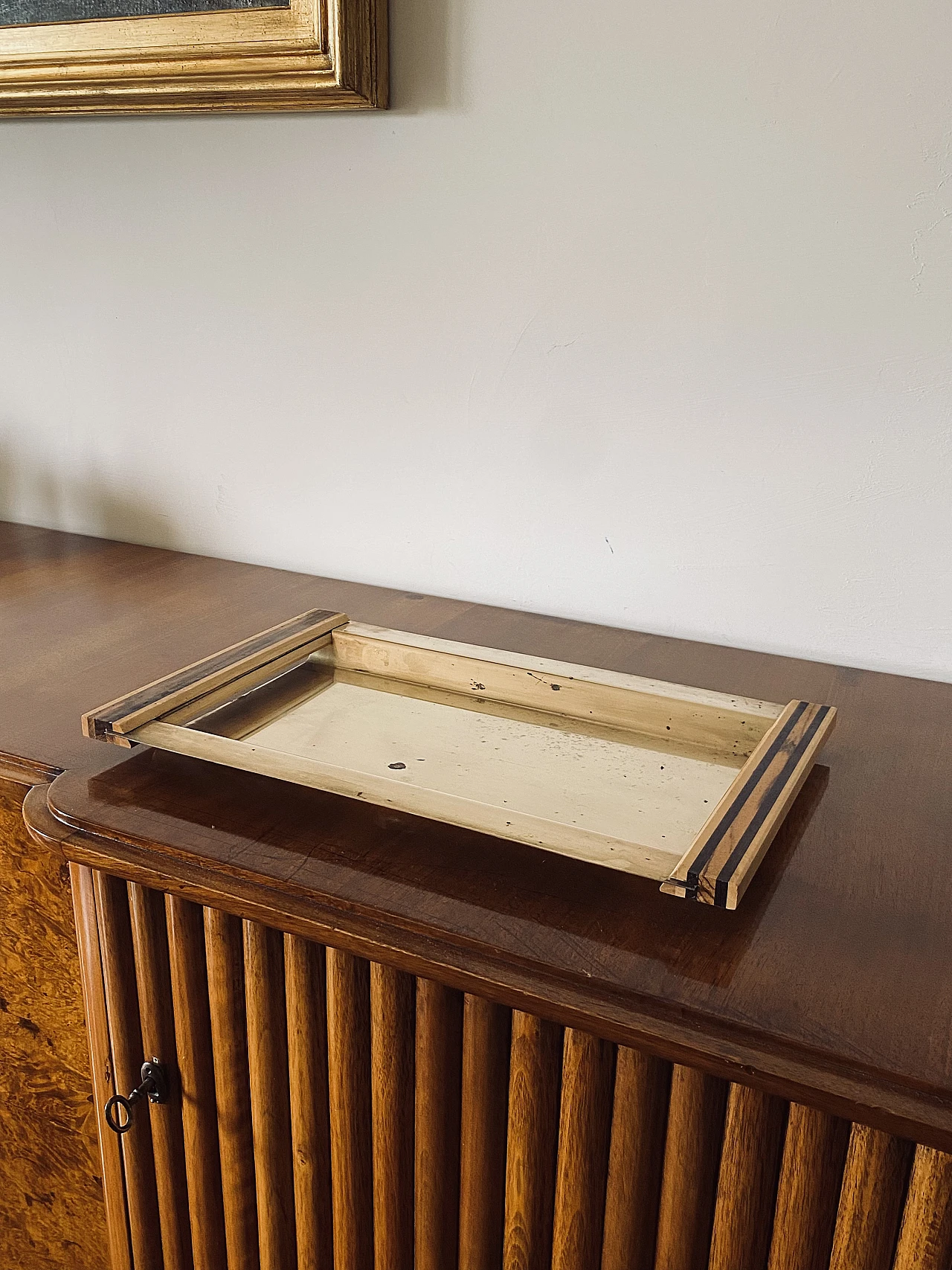 Brass and inlaid wood tray, 1970s 4