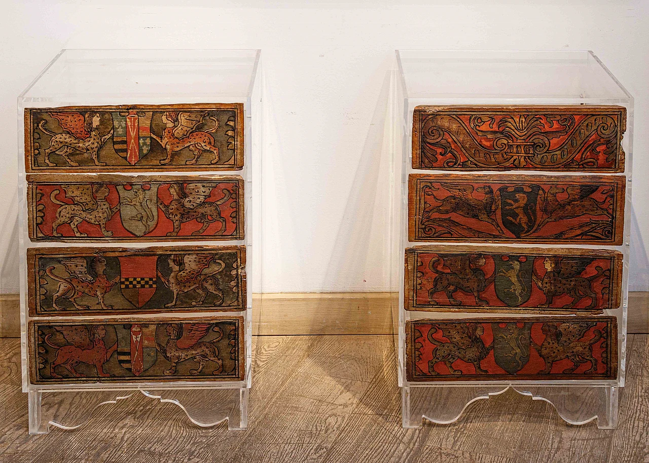 Pair of bedside tables with 15th-century heraldic panels 1