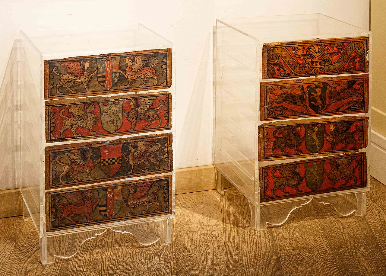 Pair of bedside tables with 15th-century heraldic panels 2