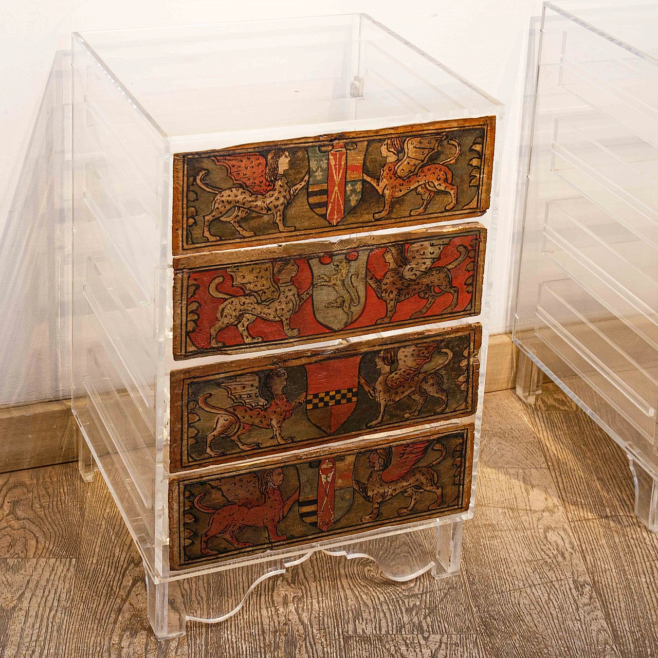 Pair of bedside tables with 15th-century heraldic panels 3