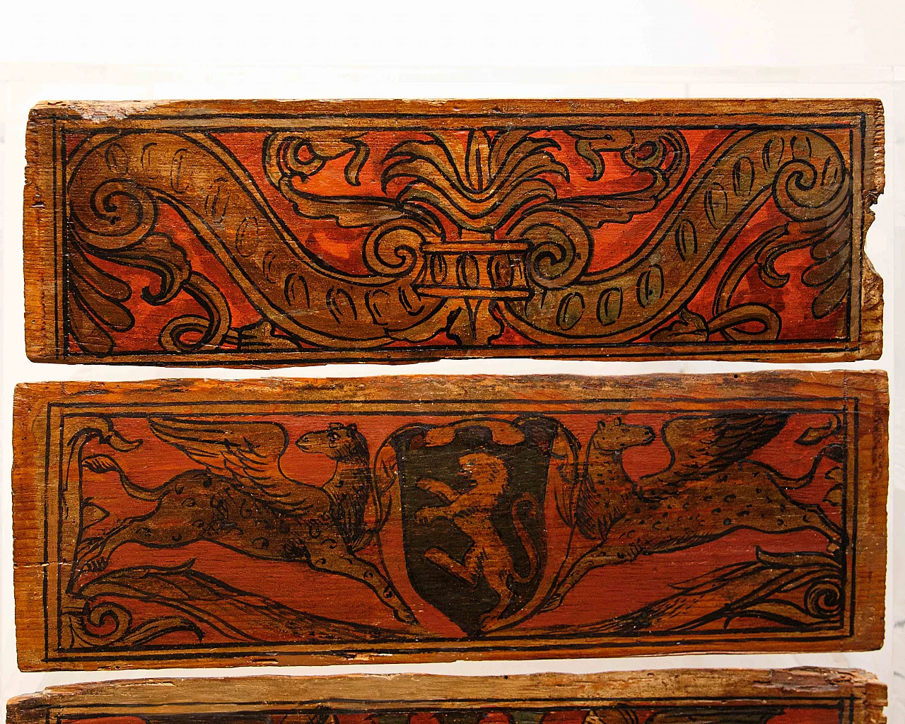 Pair of bedside tables with 15th-century heraldic panels 4