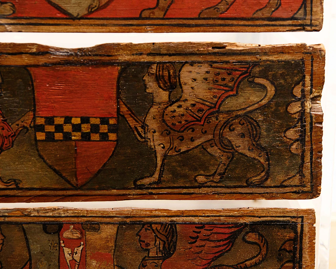 Pair of bedside tables with 15th-century heraldic panels 6