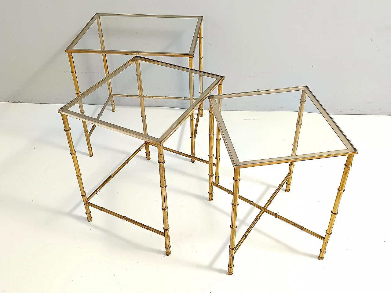 3 Nesting tables in brass and glass in the style of J. Adnet, 1960s 6