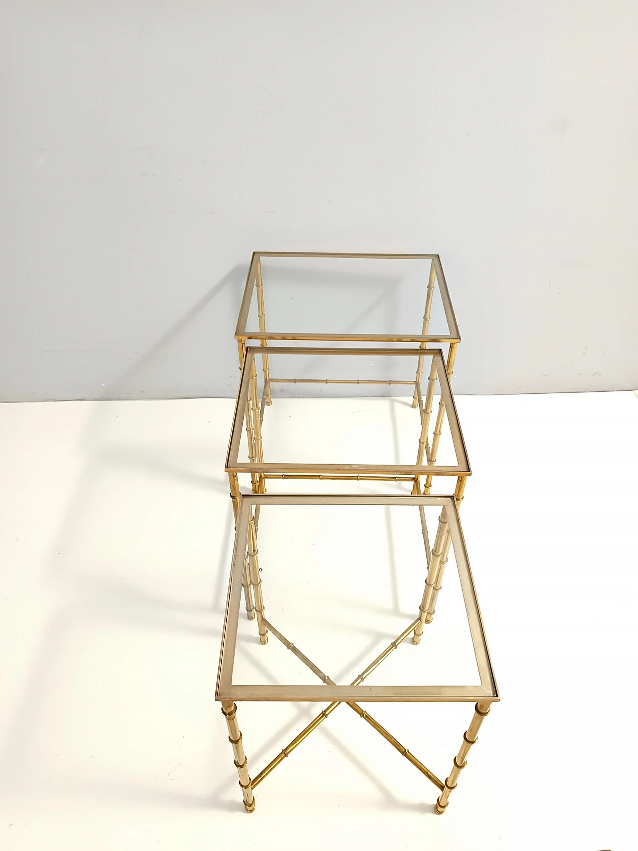 3 Nesting tables in brass and glass in the style of J. Adnet, 1960s 8