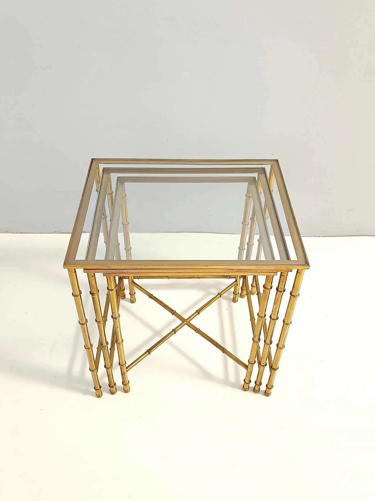 3 Nesting tables in brass and glass in the style of J. Adnet, 1960s 9