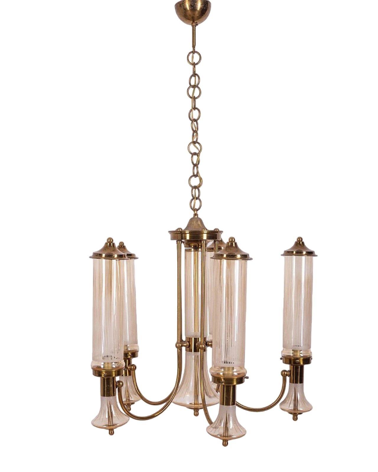 6-Light chandelier in gilded brass and decorated glass, 1960s 13