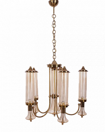 6-Light chandelier in gilded brass and decorated glass, 1960s