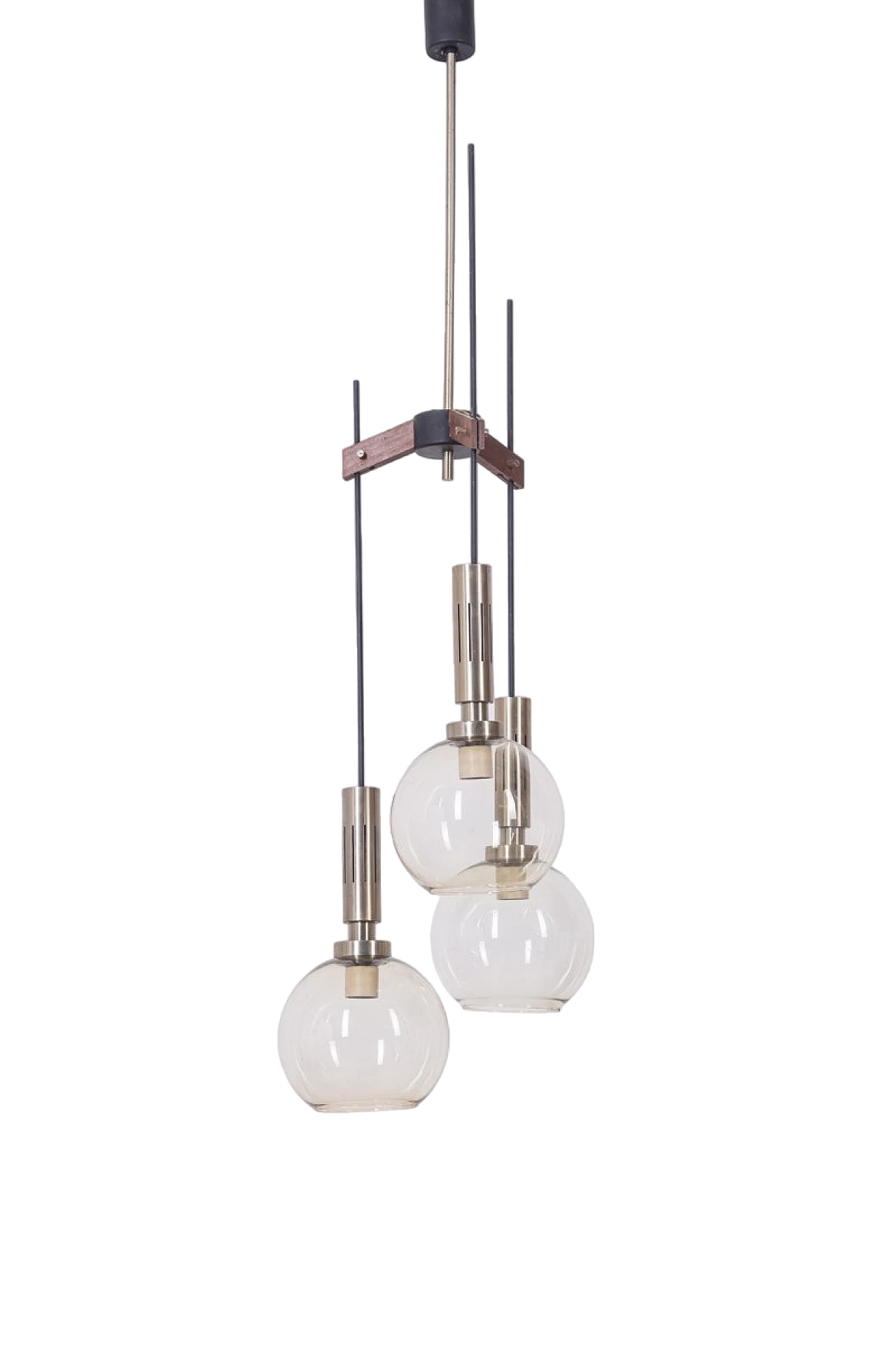 3-Light chandelier in gilded brass, metal, wood and glass, 1960s 11