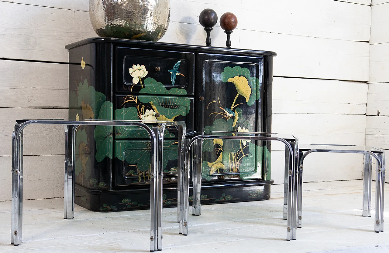 3 Nesting tables in chromed metal and smoked glass, 1970s 7