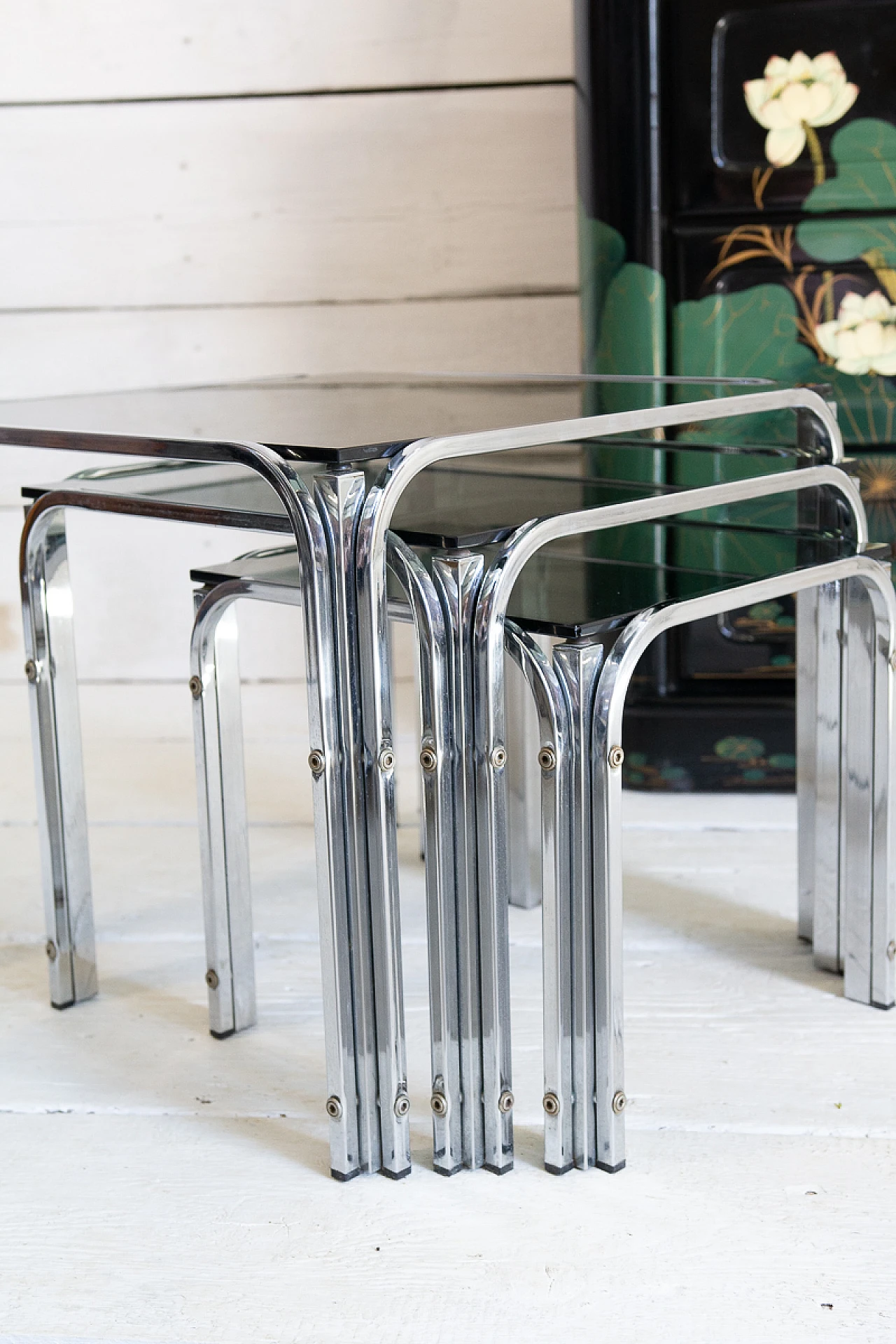 3 Nesting tables in chromed metal and smoked glass, 1970s 9