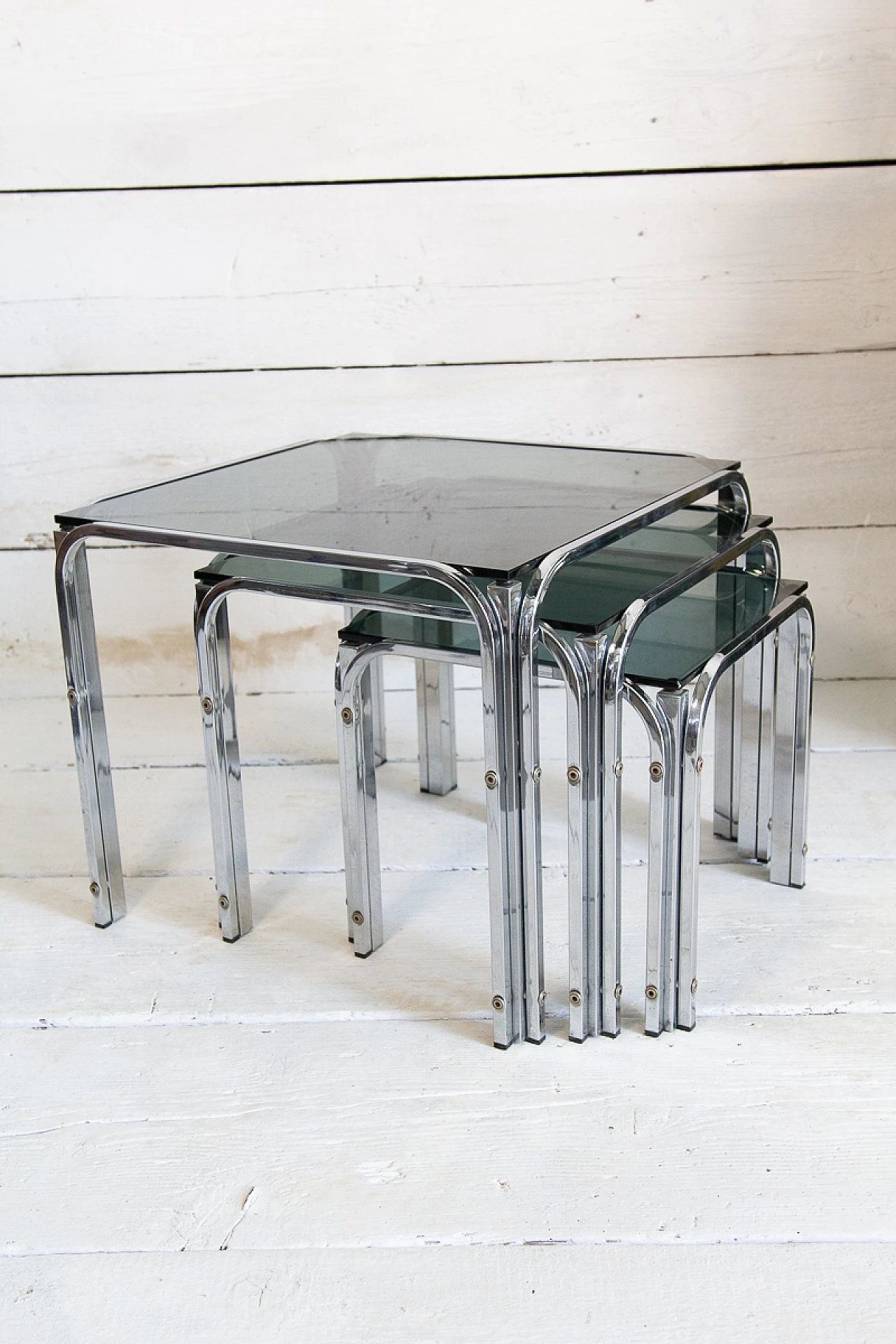 3 Nesting tables in chromed metal and smoked glass, 1970s 10