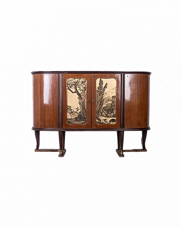 Sideboard in wood, brass and glass with leaf motifs, 1950s