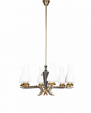 6-Light floor lamp in black metal, gilded brass and glass, 1950s