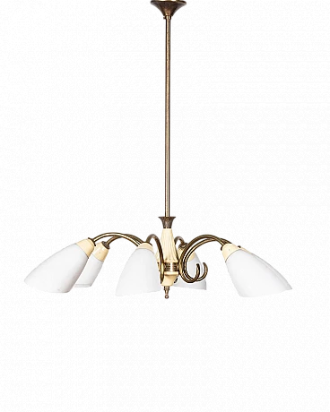 6-Light chandelier in beige metal, gilded brass and glass, 1950s